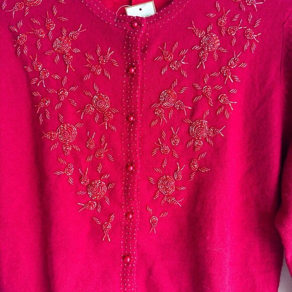 Vintage Wool Angora Hand beaded Raspberry Pink Cardigan NWT M - Picture 2 of 7